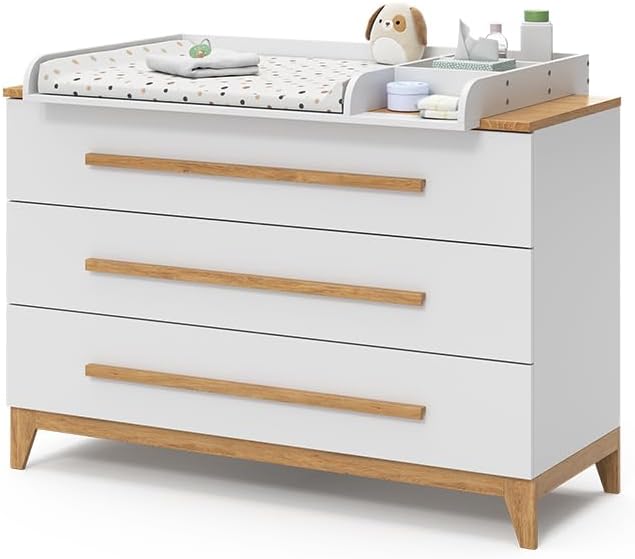 VitaliSpa Wickelkommode Malia, Weiß/Eiche, 133 x 98 cm XL mit 3 Schubladen