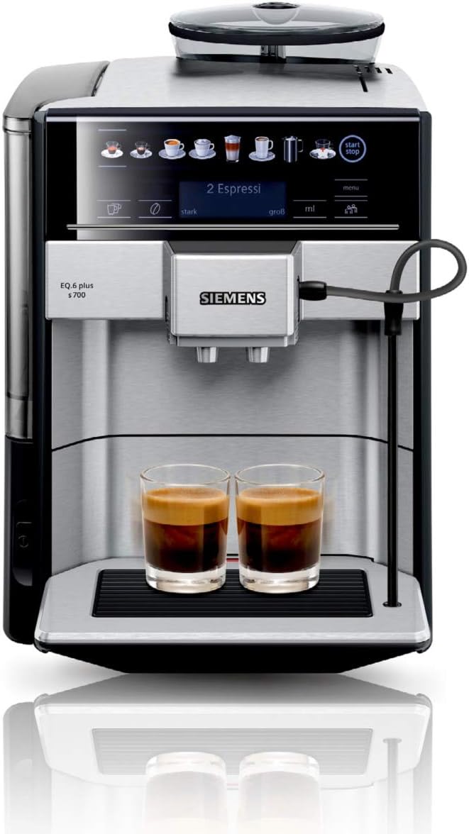 SIEMENS Kaffeevollautomat EQ6 plus s700 TE657503DE, für viele Kaffeespezialitäten, Milch-Aufschäumdüse, Keramikmahlwerk, Doppeltassenfunktion, Antikalk, automatische Dampfreinigung, 1500 W, edelstahl