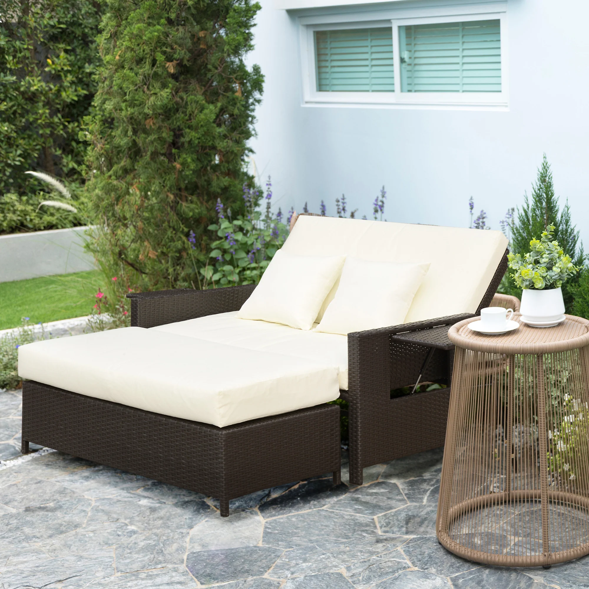 Outsunny Polyrattan Gartensofa 2in1 mit Hocker Stauraum Outdoor