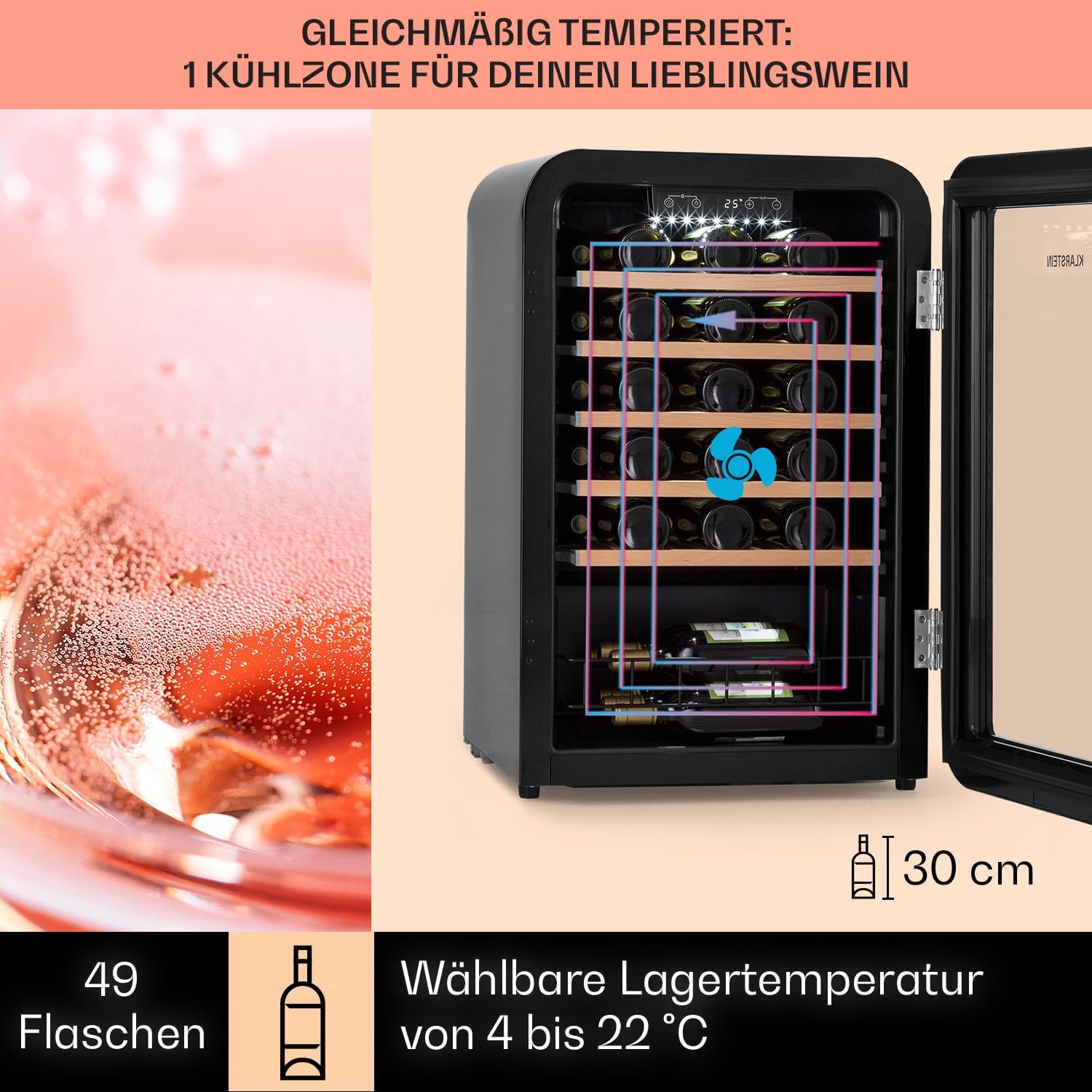 Klarstein Weinkühlschrank, Getränkekühlschrank Schmal, Kühlschrank mit Glastür, Getränkekühlschränke Freistehend, Weinkühlschrank Klein, Weinkühlschränke 1 Zone, UV-Schutz, 4-22 °C, 19 Flaschen