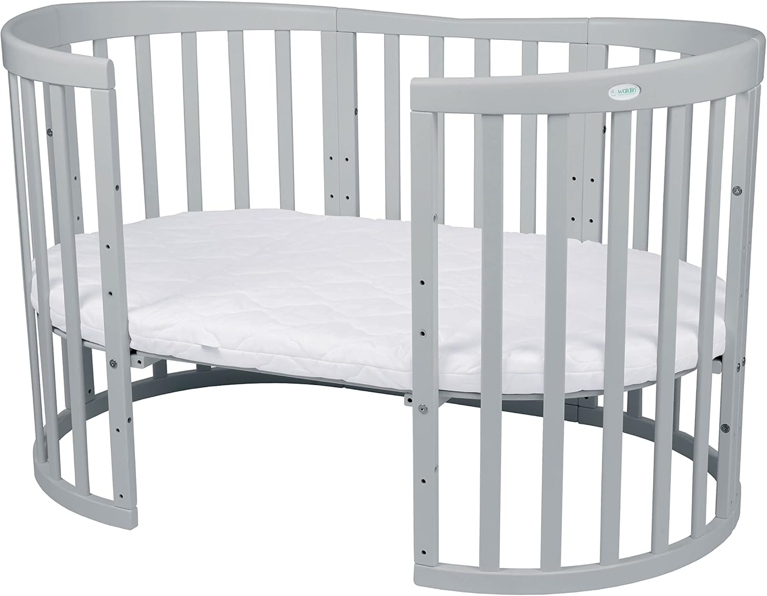 Waldin Oval Baby-Bett Mitwachsend Komplett Set 7in1, Gitterbett, Kinderbett mit Matratze, Wickelkommode, Beistellbett, Holz Weiß