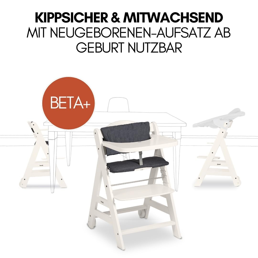 hauck Hochstuhl Beta+ Newborn Set Premium Dark Grey - Babyhochstuhl Set ab Geburt mit Neugeborenen Aufsatz Bouncer, Sitzpolster und Essbrett - Dark Grey