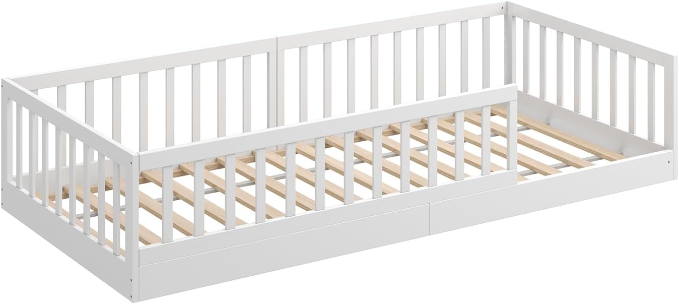 CADANI Timi 2in1 Bodenbett 140x200 cm Montessori Kinderbett mit abnehmbaren Rausfallschutz inkl. Lattenrost, Kiefer Massivholz, weiß - 3 Aufbauvarianten, bis 200 kg belastbar, umbaubar