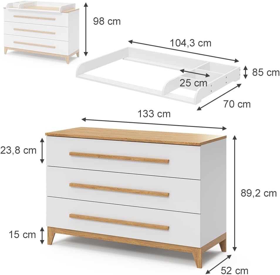 VitaliSpa Wickelkommode Malia, Weiß/Eiche, 133 x 98 cm XL mit 3 Schubladen