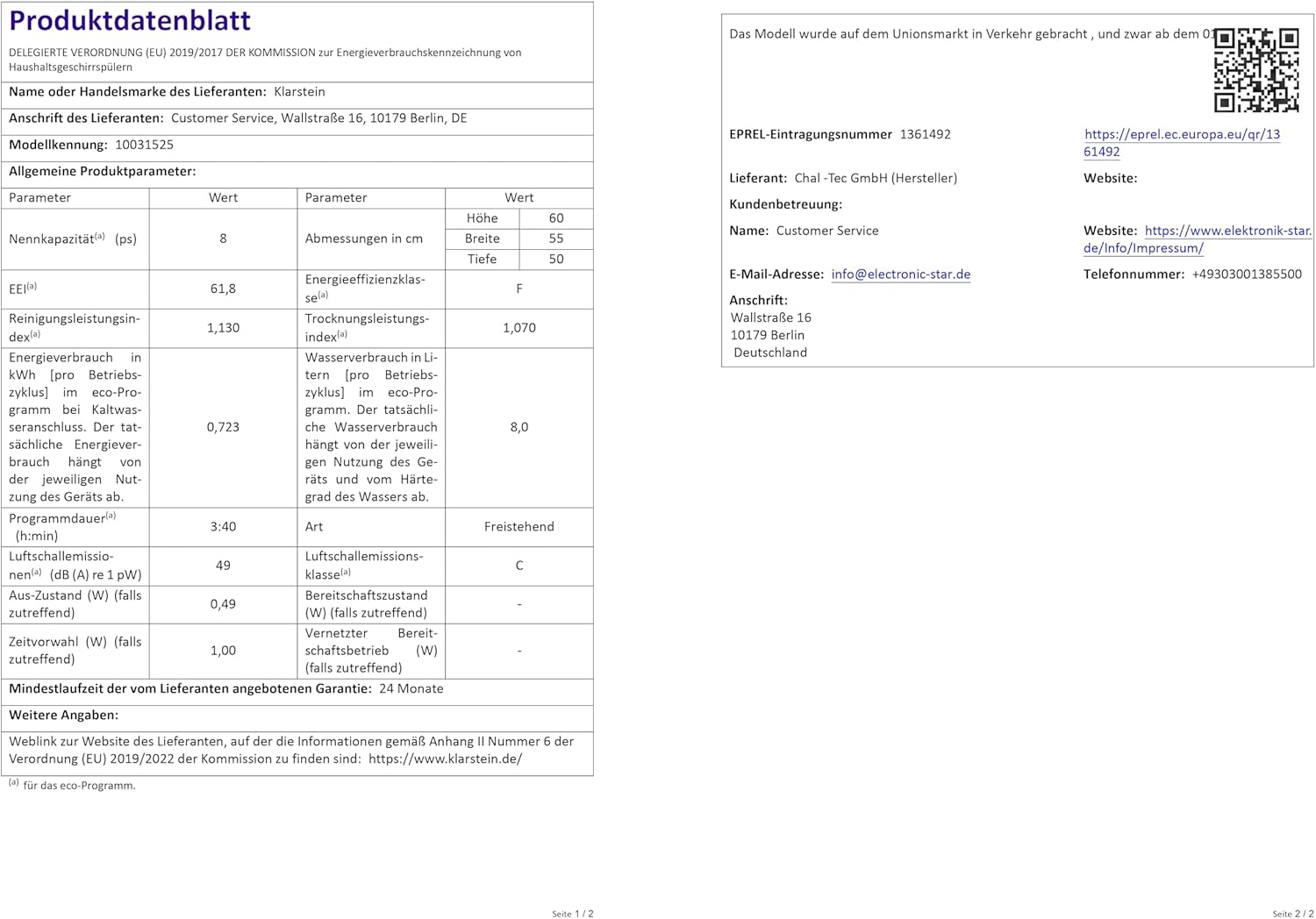 Klarstein ia 8 - Spülmaschine, Geschirrspüler, Freistehend, Teilintegriert, F, 55 cm breit, 8 Maßgedecke, 6 Programme, Aquastop, silber