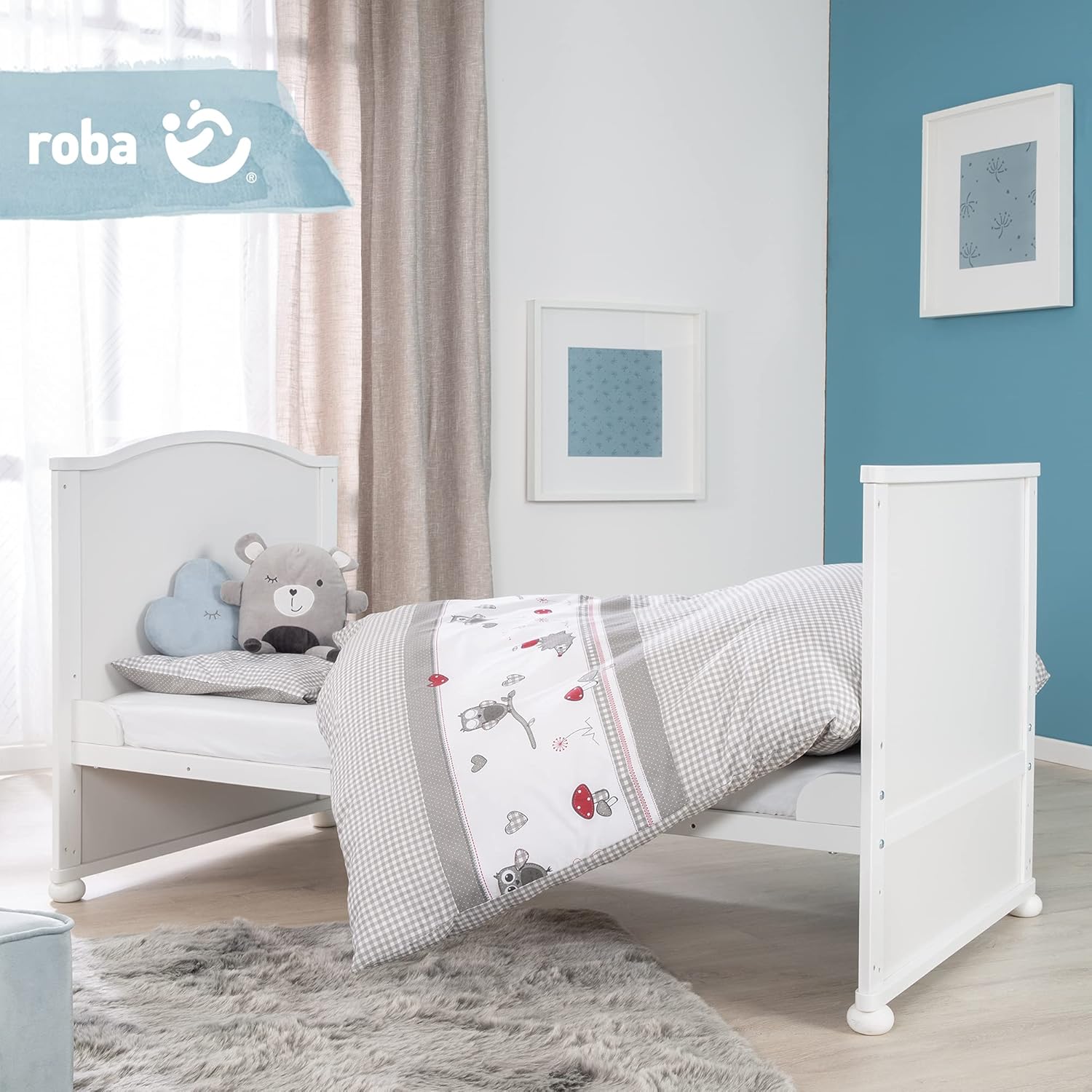 roba Babybett Set Adam & Eule - 70 x 140 cm - Mitwachsendes Kinderbett mit Bettwäsche, Himmel, Matratze - Höhenverstellbar - zu Juniorbett umbaubar - Holz weiß