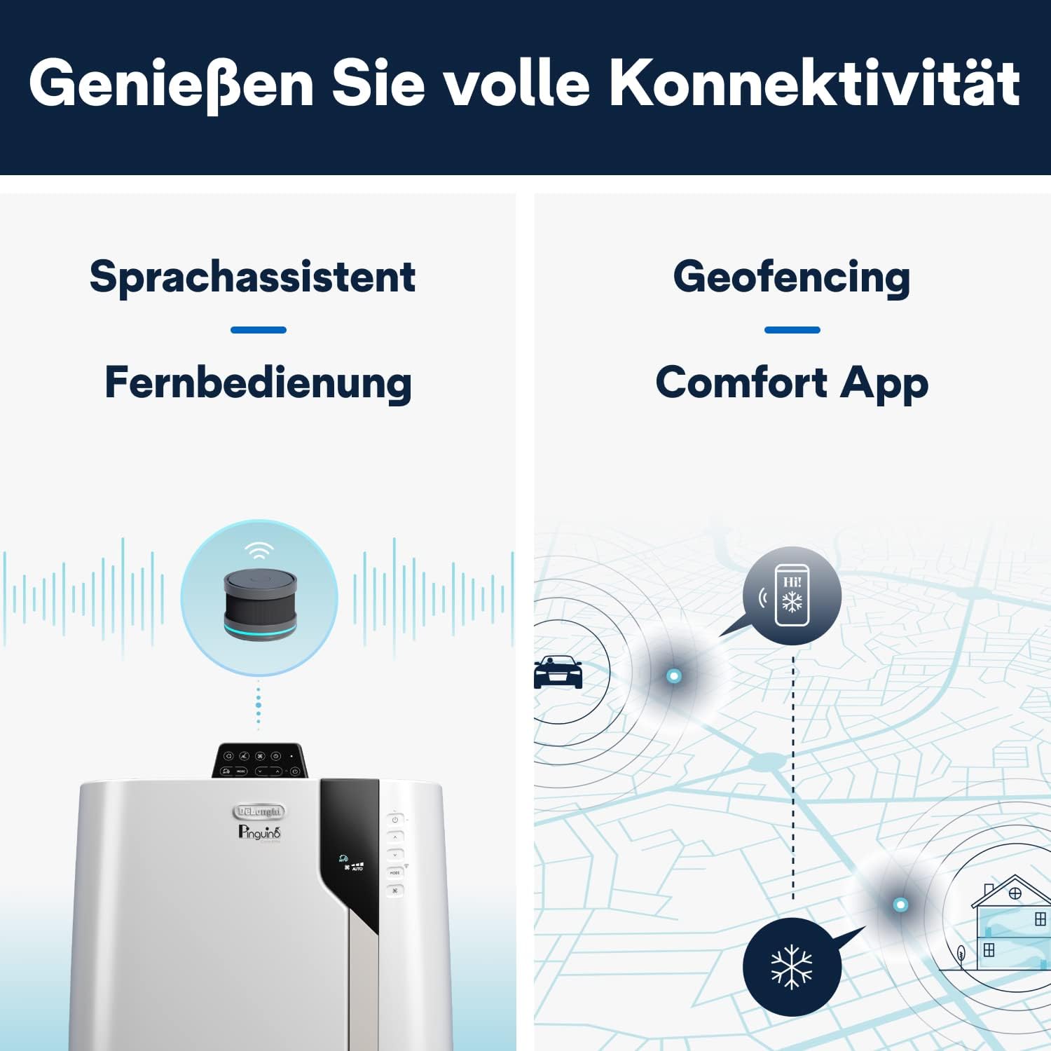 De'Longhi Pinguino PAC EL112 CST WiFi, Mobile Klimaanlage mit MyEcoRealFeel-Technologie für Räume bis zu 110 m³,11.000 BTU/h, 2,9 kW, 63 dB, Entfeuchtungsfunktion, A+, App- und Sprachsteuerung, Weiß