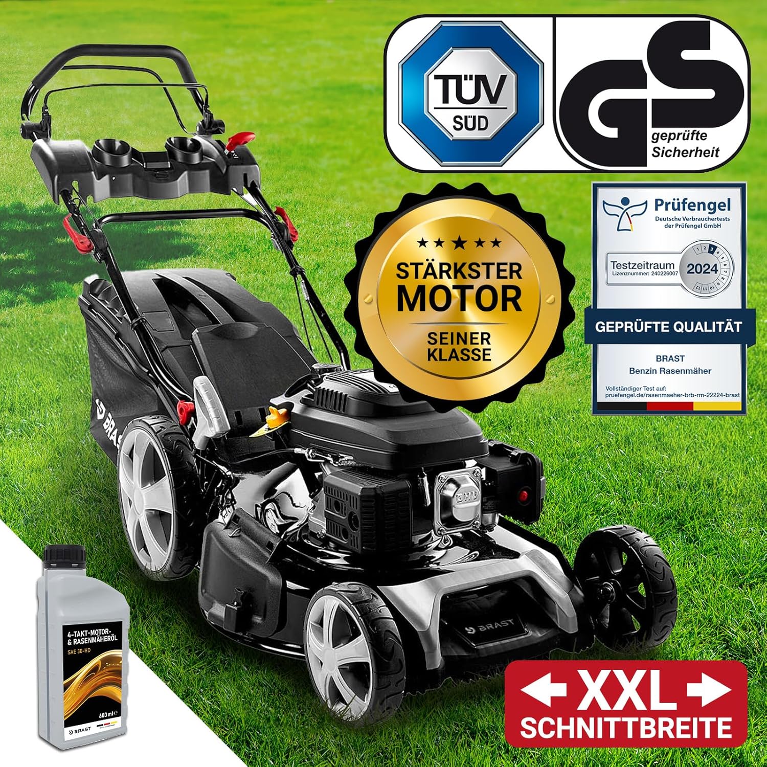 BRAST Benzin Rasenmäher mit Antrieb | 5,2kW (7PS) | 55cm Schnittbreite | viele Modelle | TÜV | 30-80mm Schnitthöhe | 60L Fangkorb | 4 Takt OHV Motor | Stahlgehäuse | Power