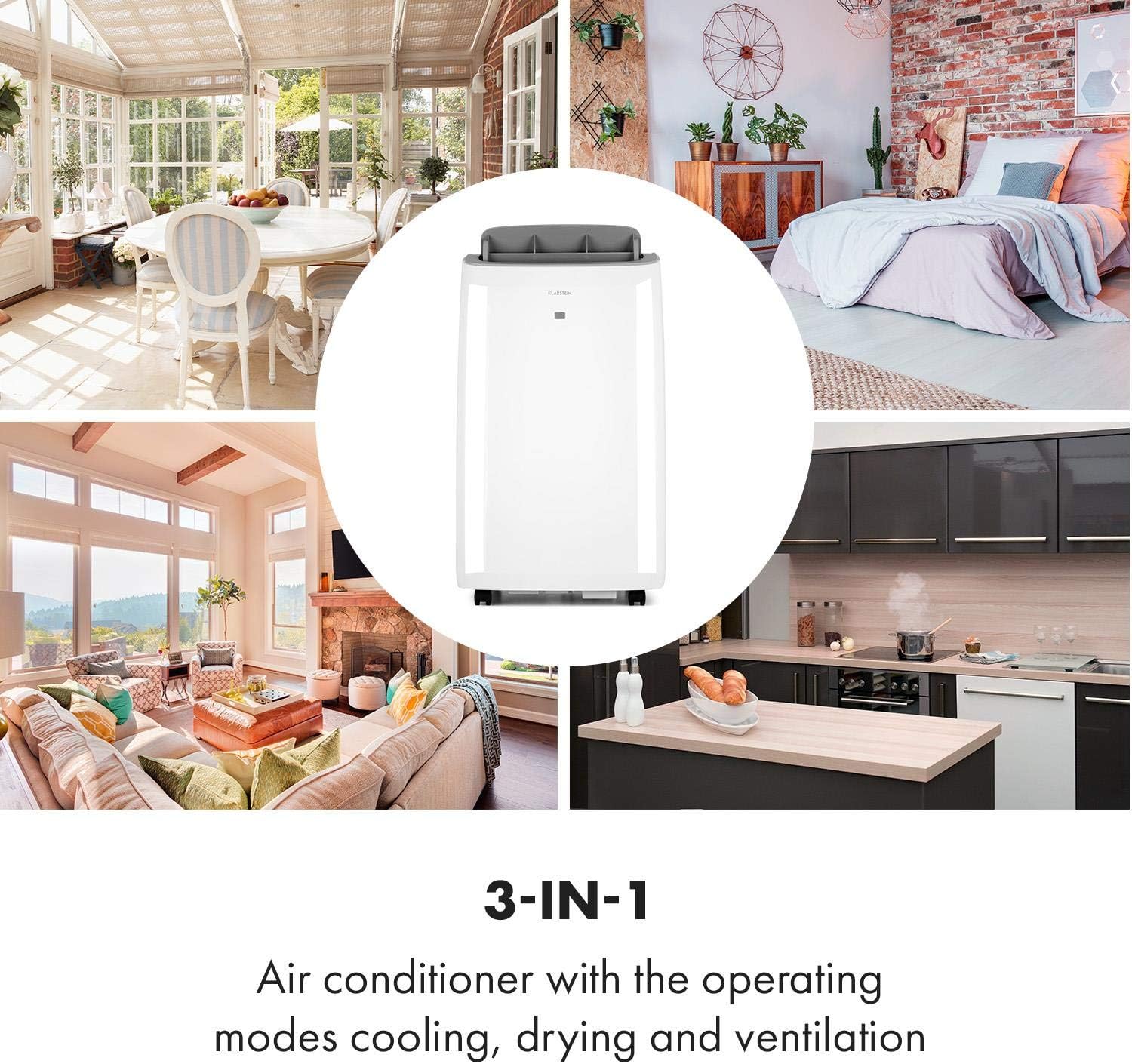 Klarstein Mobile Klimaanlage mit Abluftschlauch, 4-in-1 Klimagerät, Ventilator, Luftentfeuchter & Nachtmodus, Kleine & Portable Klimaanlage für Wohnung & Büro, Niedriger Verbrauch, 14000BTU