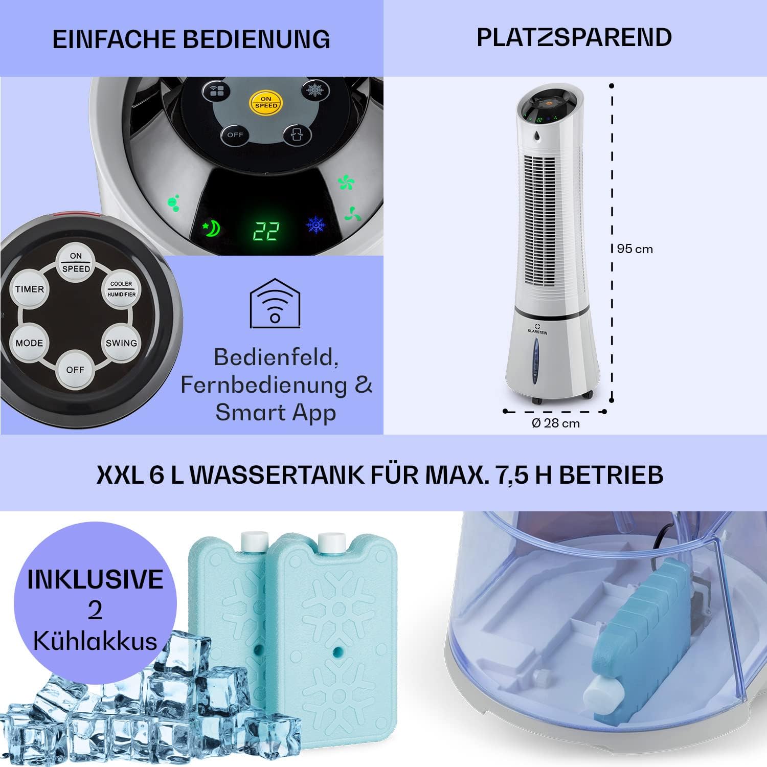 Klarstein 4-in-1: Smart Luftkühler, Ventilator, Luftbefeuchter & Ionisation I 6 L Wassertank, Oszillation, 30 W, 210 m³/h, Timer I Klimagerät ohne Abluftschlauch, Mobiles Klimagerät, Schwarz-Rosegold