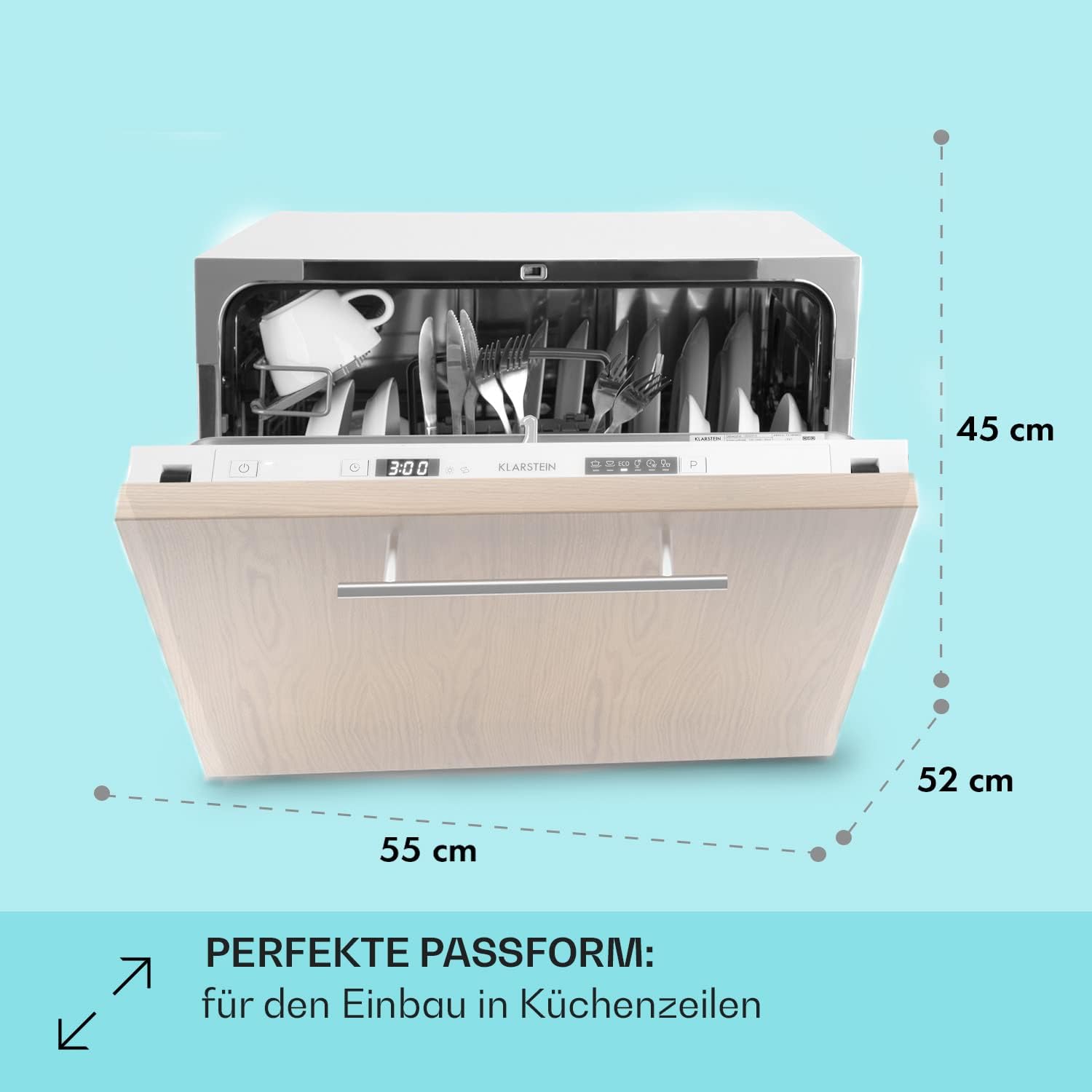 Klarstein ia 8 - Spülmaschine, Geschirrspüler, Freistehend, Teilintegriert, F, 55 cm breit, 8 Maßgedecke, 6 Programme, Aquastop, silber