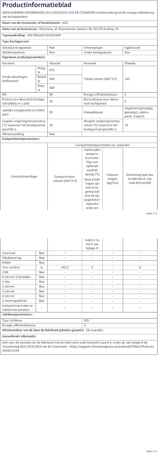 AEG TSK5O881ES Built-In Fridge / 880 mm / 142 L/Tow Door/E