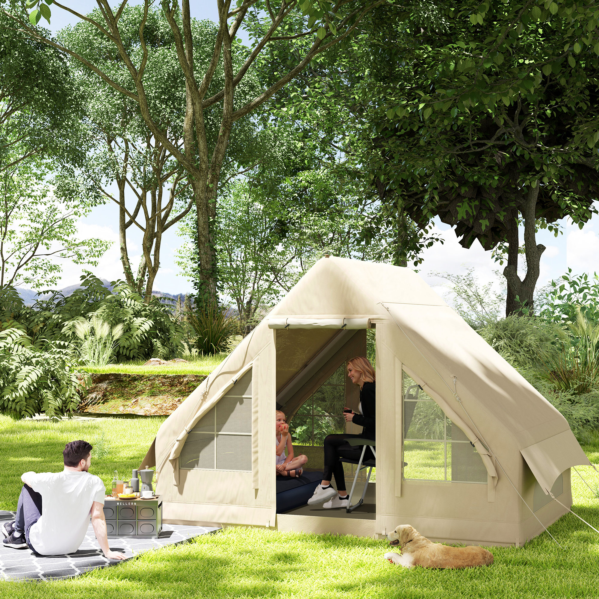 Outsunny Aufblasbares Campingzelt, Schlafzelt, Oxford-Gewebe, Netzfenster, wasserfest