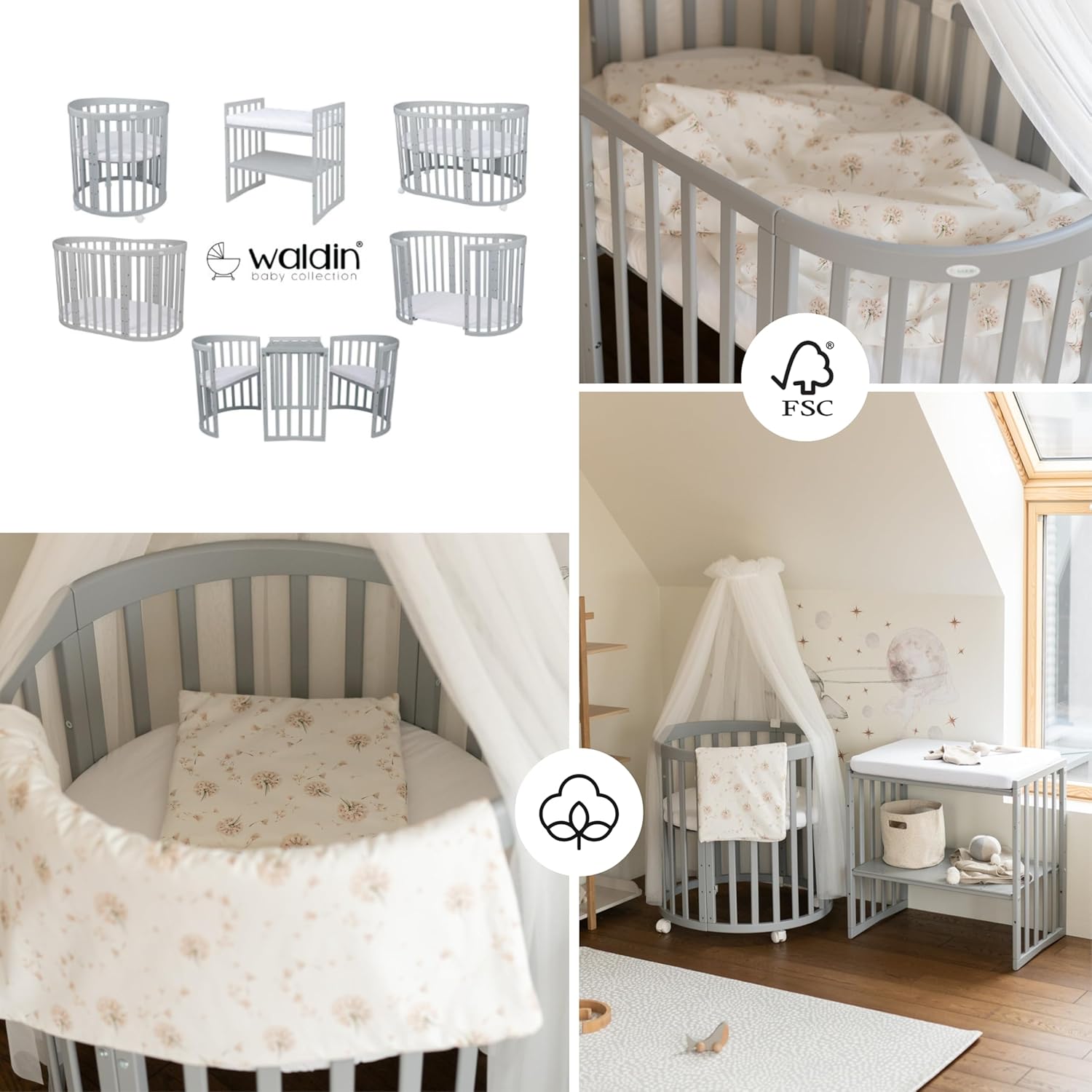 Waldin Oval Baby-Bett Mitwachsend Komplett Set 7in1, Gitterbett, Kinderbett mit Matratze, Wickelkommode, Beistellbett, Holz Weiß