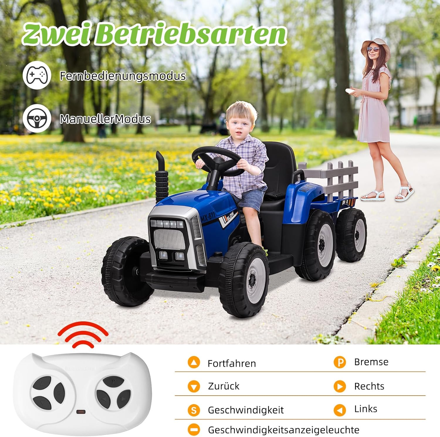 HAUSPROFI 12V 3-Gang Kinder Elektroauto mit Anhänger, Elektro Traktor 2 Fahrmodi, 2,4G-Fernbedienung, Kinder Traktor LED-Licht, Bluetooth, Musik, USB, Elektrischer Traktor für kinder ab 3 Jahren, Grün