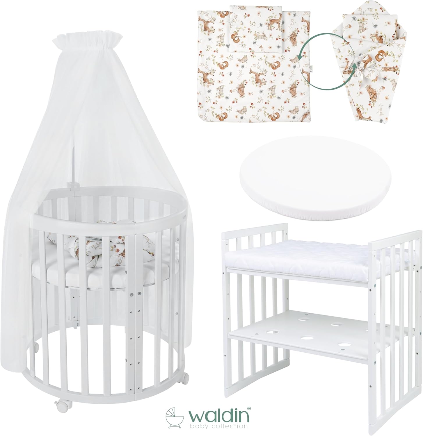 Waldin Oval Baby-Bett Mitwachsend Komplett Set 7in1, Gitterbett, Kinderbett mit Matratze, Wickelkommode, Beistellbett, Holz Weiß