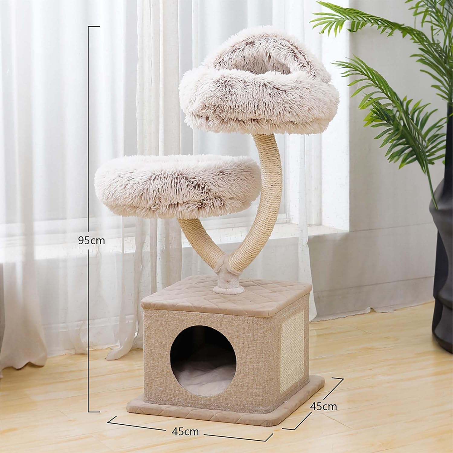 Fudajo Designer Kratzbaum in Zweigdesign 130 cm hoch, Katzenkratzbaum mit Plüsch und Sisal, Kletterbaum für Katzen, Katzenbaum mit Hängeliege