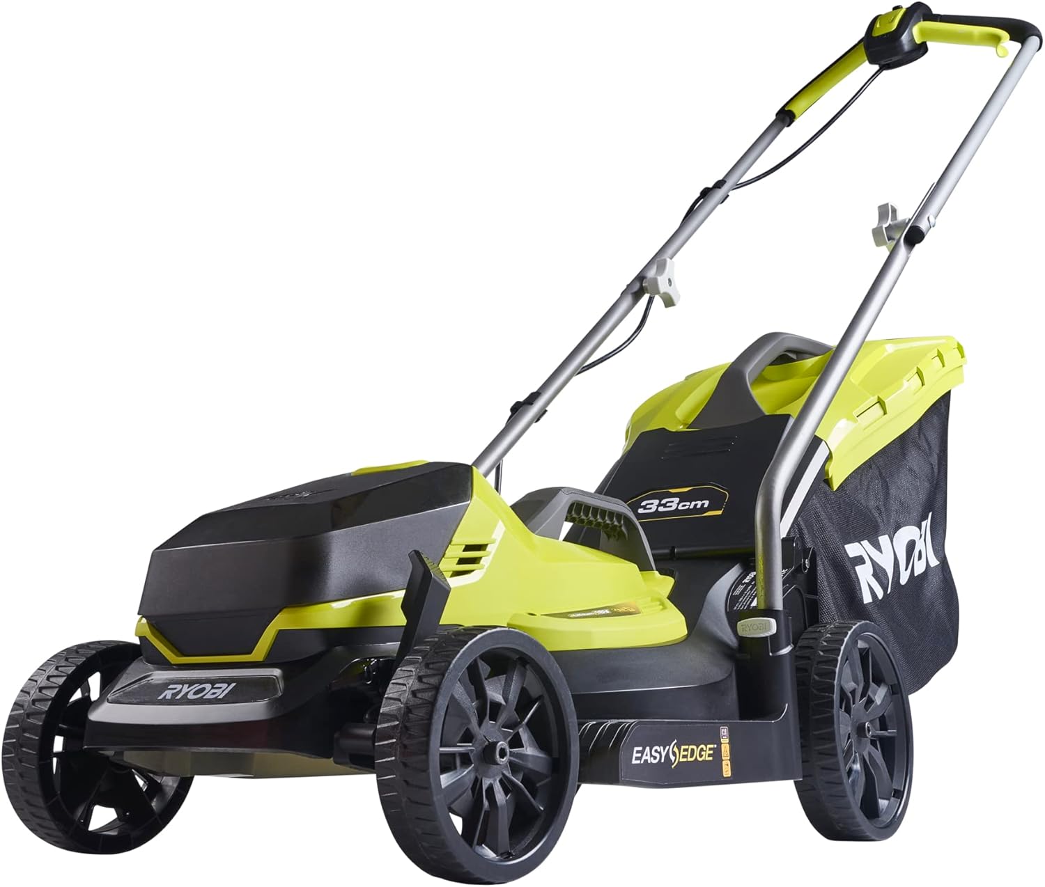 RYOBI 18 V ONE+ Akku-Rasenmäher RLM18X33B40 (Schnittbreite 33 cm, 5-fache Höhenverstellung 25-65 mm, zusammenklappbares Griffgestänge, inkl. Mulchkeil, 35l Grasfangsack, 4,0Ah Akku & Ladegerät)