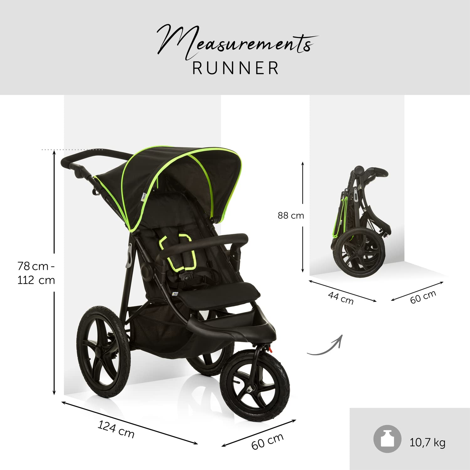 hauck Kinderwagen Runner 2, Dreirad Buggy mit XL Lufträder für Kinder bis 22 kg, UV-Schutz 50+, Belüftungsfenster, Höhenverstellbar, Faltbar, XL Korb bis 3 kg, Liegefunktion (Black)
