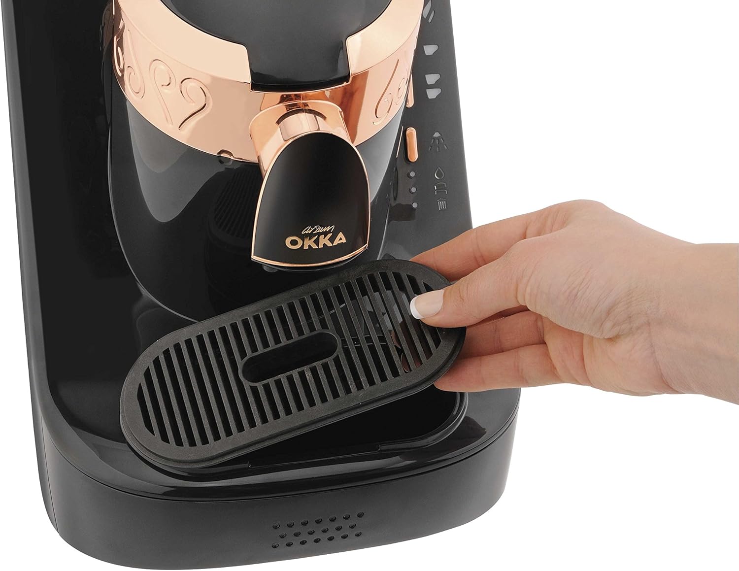 Arzum Okka Türkischer Kaffeemaschine, Vollautomatisch, 3 Tassen Größen, Selbstreinigungsfunktion, 950 ml Wassertank, Überschutzsensor, Kompaktes Design, Schwarz-Gold