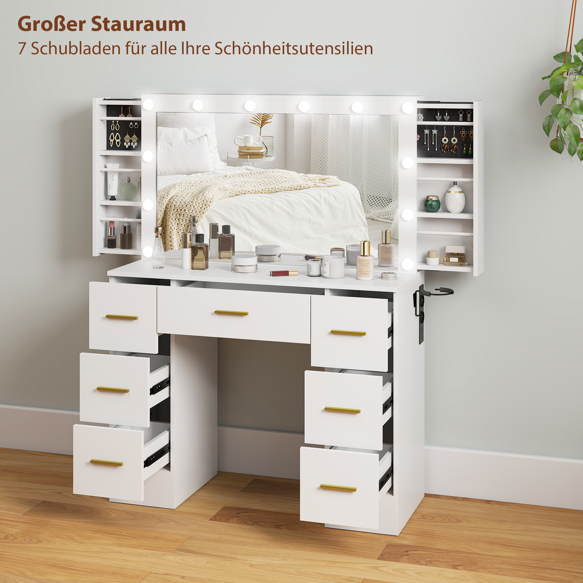 HOMCOM Schminktisch mit Spiegel und 12 LED-Lichtern, Frisiertisch mit 7 Schubladen, 6 versteckte Staufächer, Spanplatte, Weiß