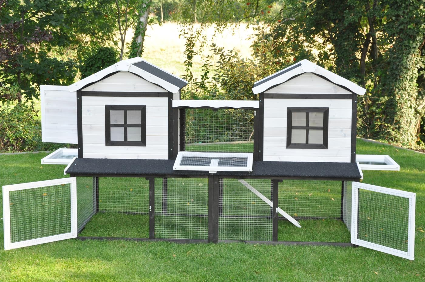 nanook Premium Hasenstall Kleintierstall Kaninchenstall XXL groß artgerecht mit Freilauf Gehege ideal für draußen 197 x 85 x 112 cm - braun weiß - 2 Ebenen