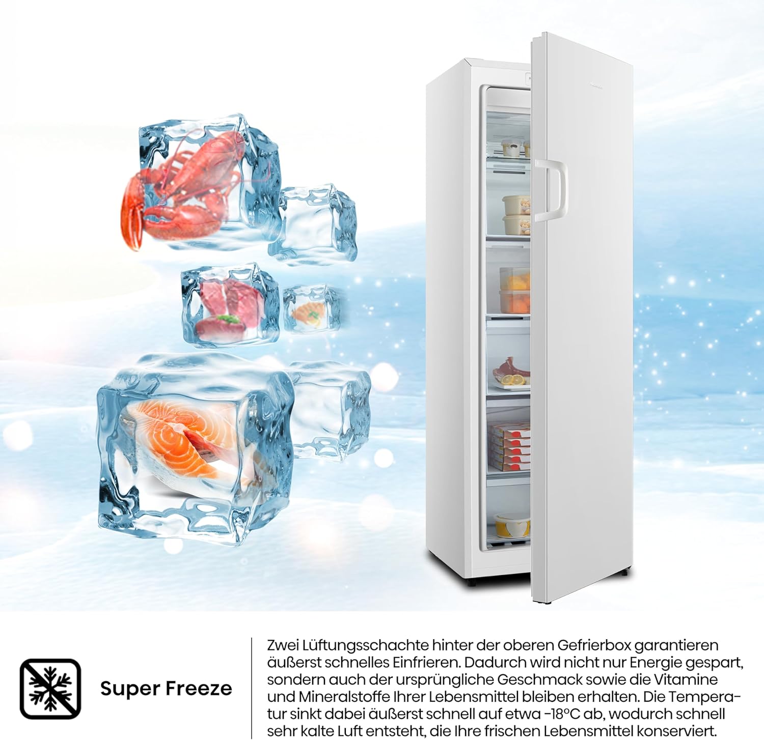 Hisense FV191N4AW2 Gefrierschrank/ TotalNoFrost/ SuperFreeze/ Türalarm/ Multiflow 360°/ BigBox/ 143,4 cm/ Gefrierteil 147 l/ 41 dB/ 205 kWh/Wei