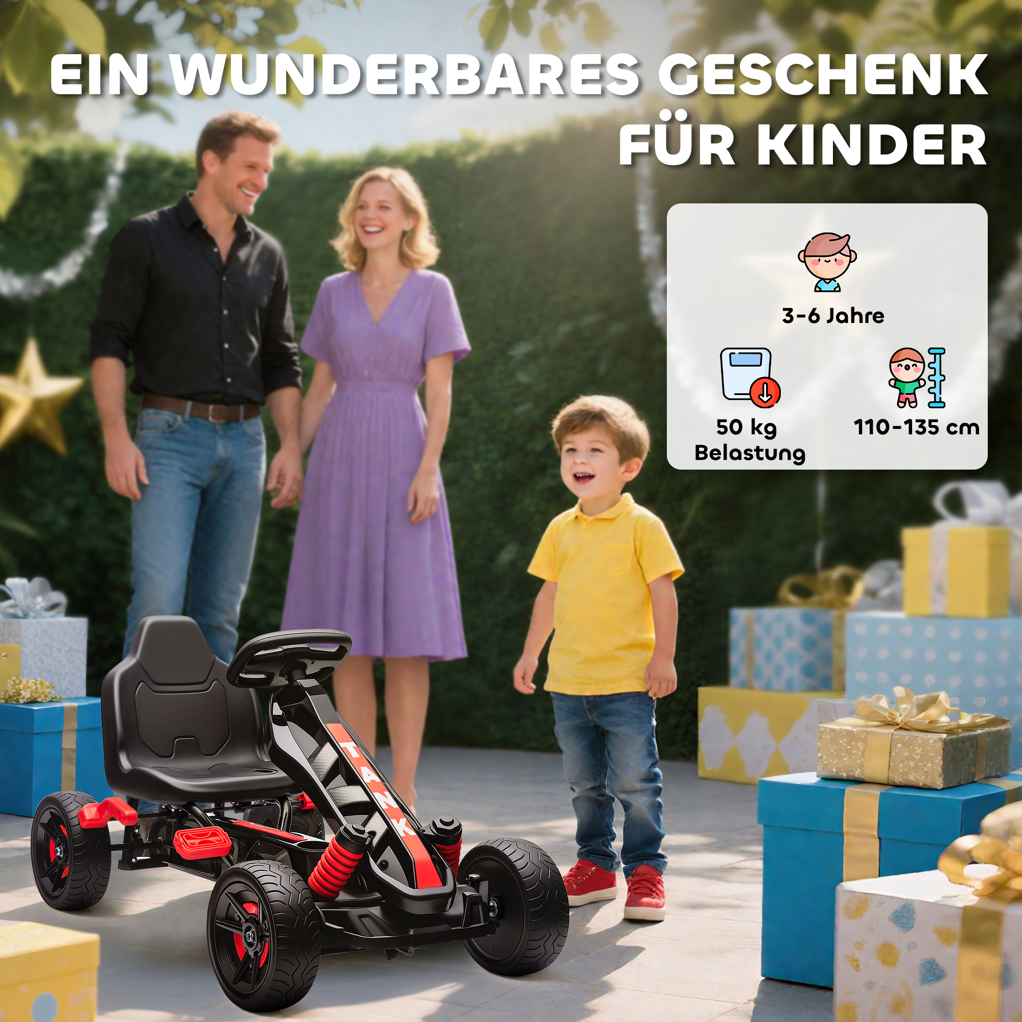 AIYAPLAY Gokart mit Pedalen, Tretauto für Kinder mit Bremse, rutschfeste Räder, Metallrahmen, 3-6 Jahre, Rot