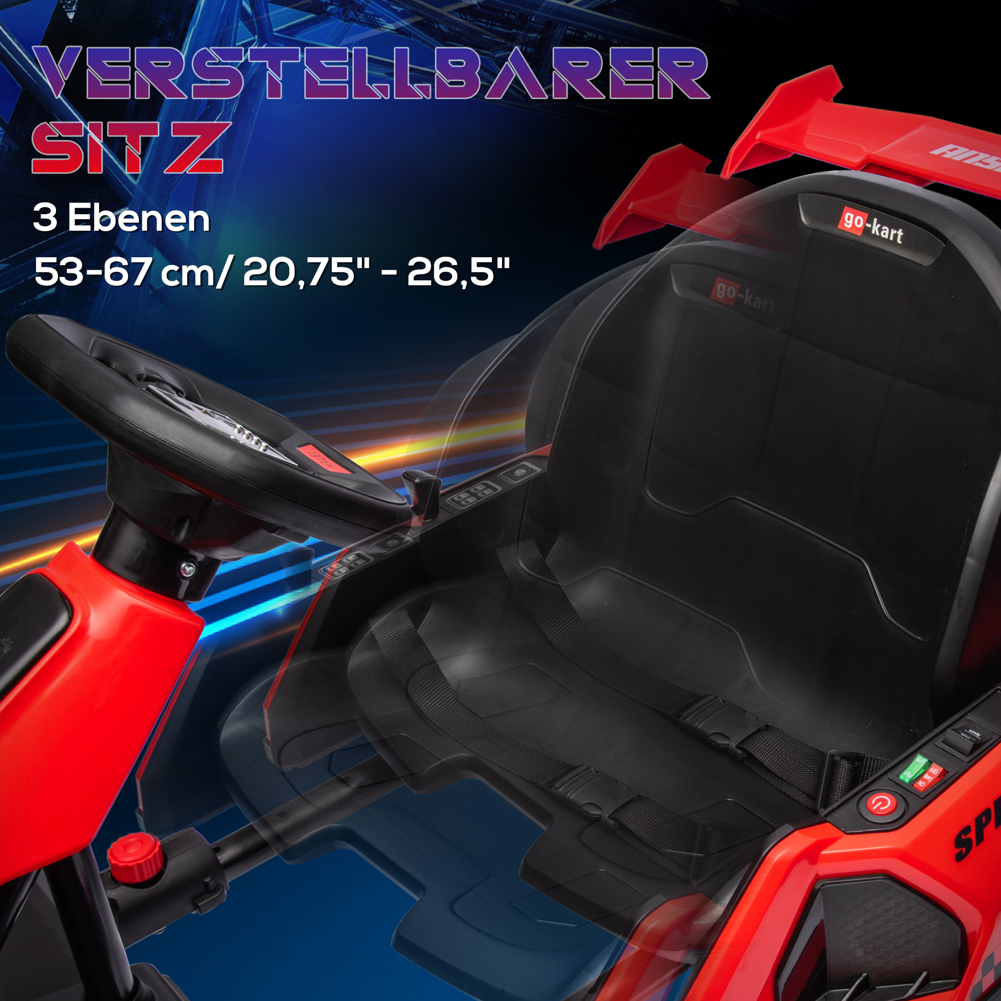 HOMCOM Go-Kart für Kinder, Elektro-Kart mit Hupe und Musikfunktion, verstellbarer Sitz, bis 12 km/h, Kunststoff, Metall, Rot