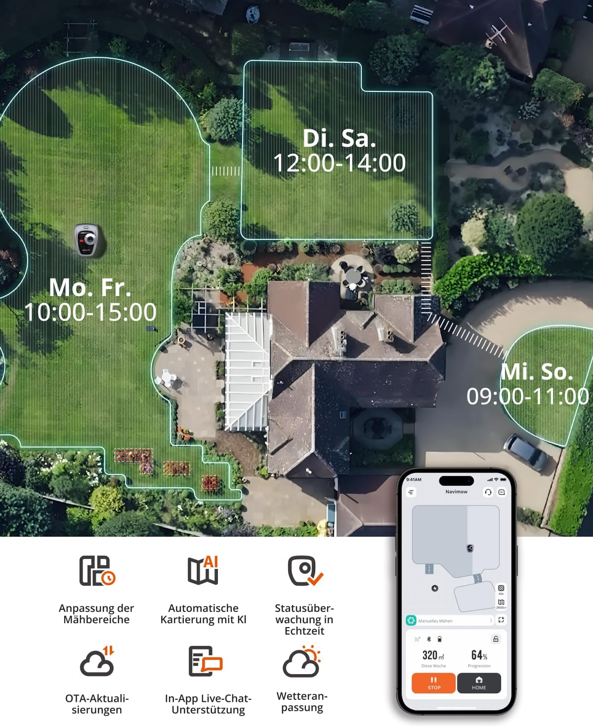 Navimow i105E Mähroboter ohne Begrenzungskabel, Empf. 500 m², Max. 600 m², RTK+Vision Rasenmäher Roboter Testsieger, Igelschutz Rasenroboter, KI Auto Kartierung, Virtuelle Begrenzung, Mehrzonen