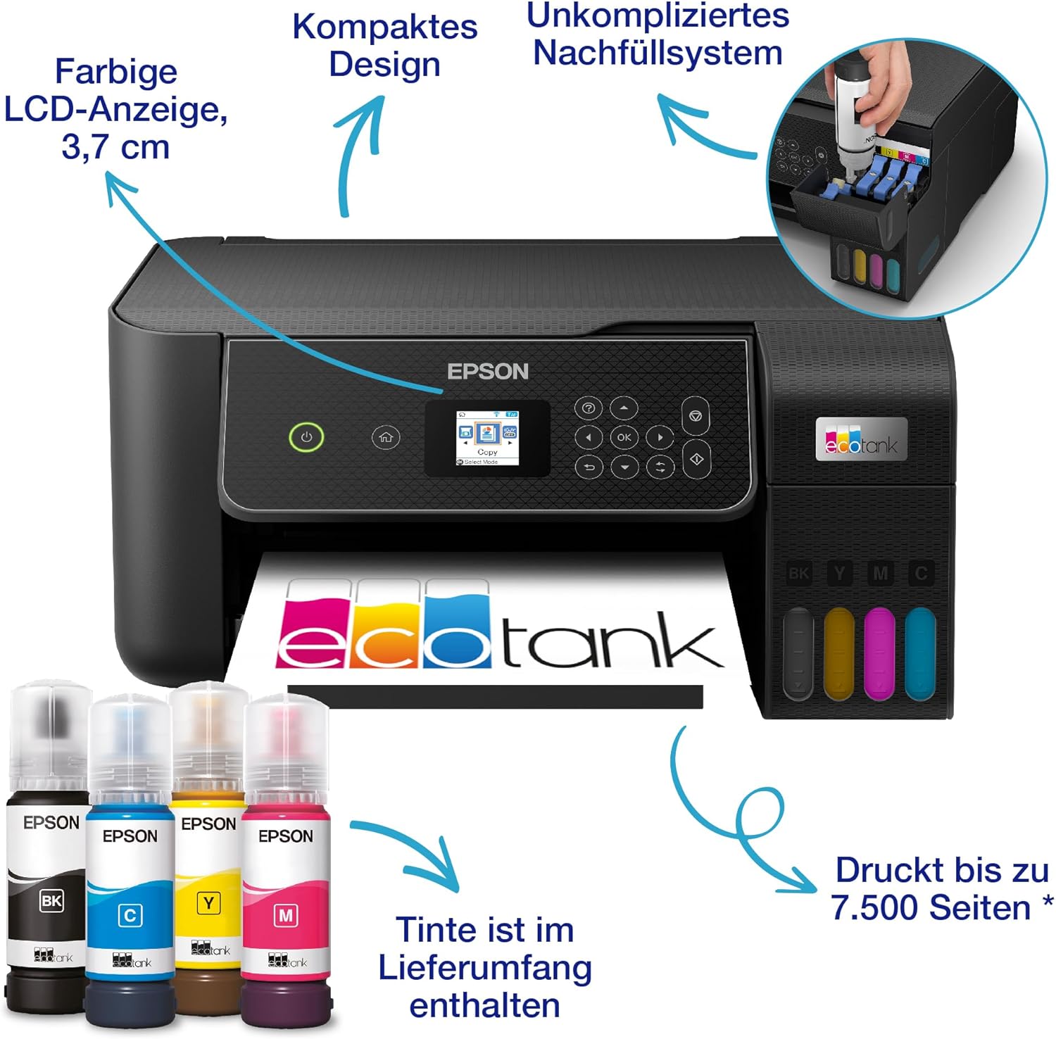 Epson EcoTank ET-2870 A4-Multifunktions-Wi-Fi-Tintentankdrucker, mit einem im Lieferumfang enthaltenen Vorrat an Tinten bis zu 3 Jahren