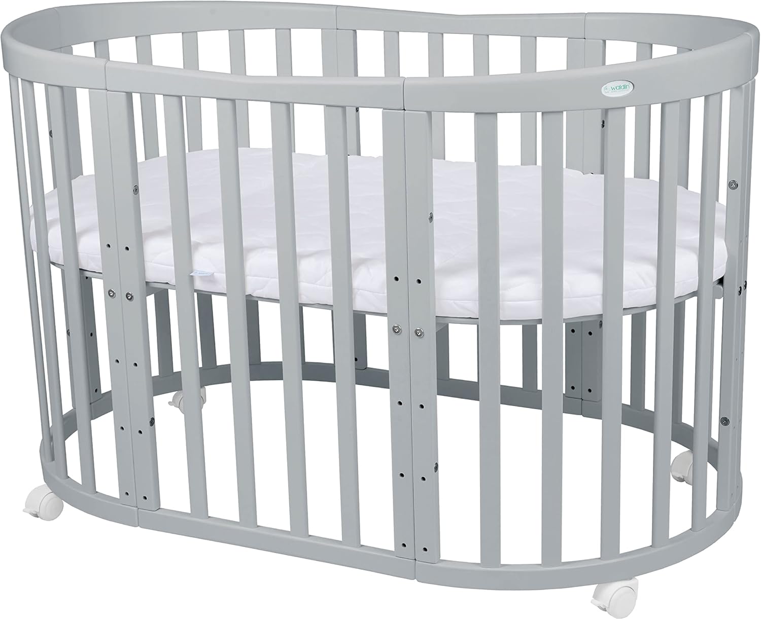 Waldin Oval Baby-Bett Mitwachsend Komplett Set 7in1, Gitterbett, Kinderbett mit Matratze, Wickelkommode, Beistellbett, Holz Weiß
