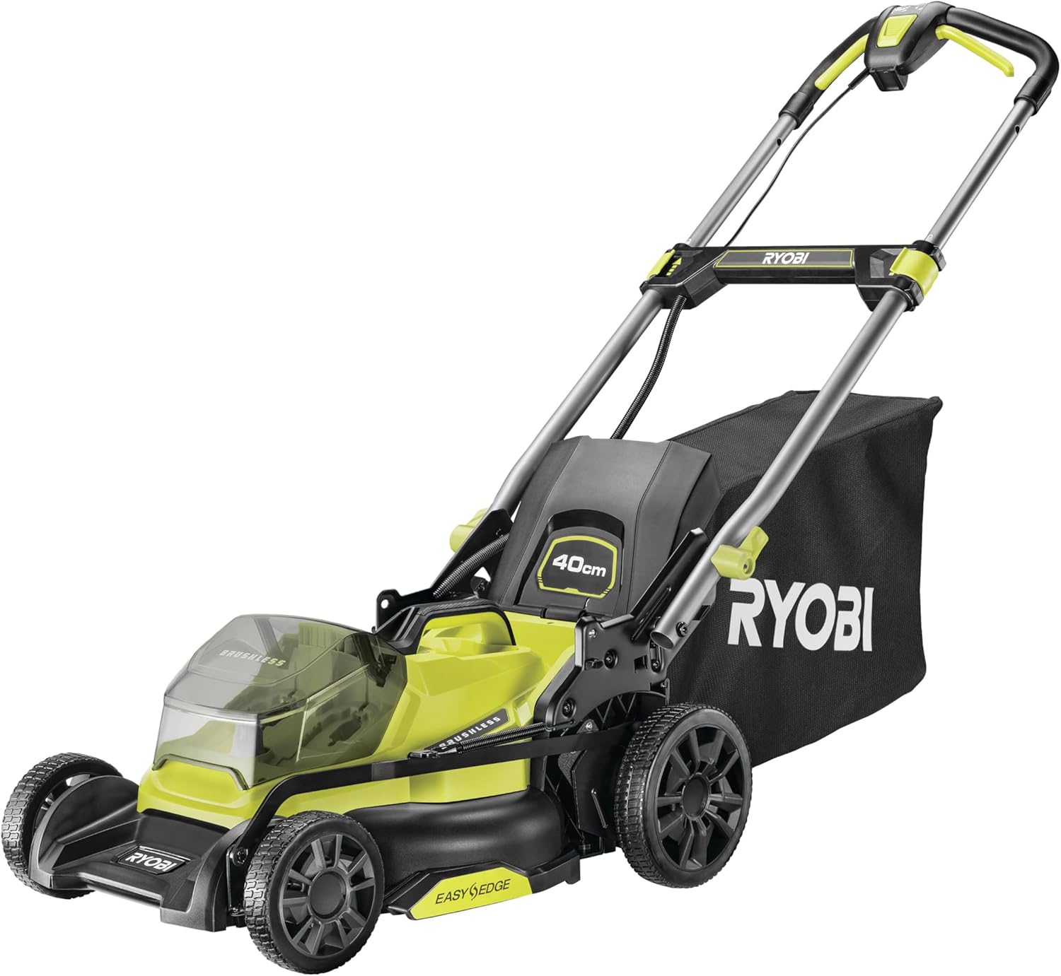 RYOBI 18 V ONE+ Akku-Rasenmäher RLM18X33B40 (Schnittbreite 33 cm, 5-fache Höhenverstellung 25-65 mm, zusammenklappbares Griffgestänge, inkl. Mulchkeil, 35l Grasfangsack, 4,0Ah Akku & Ladegerät)