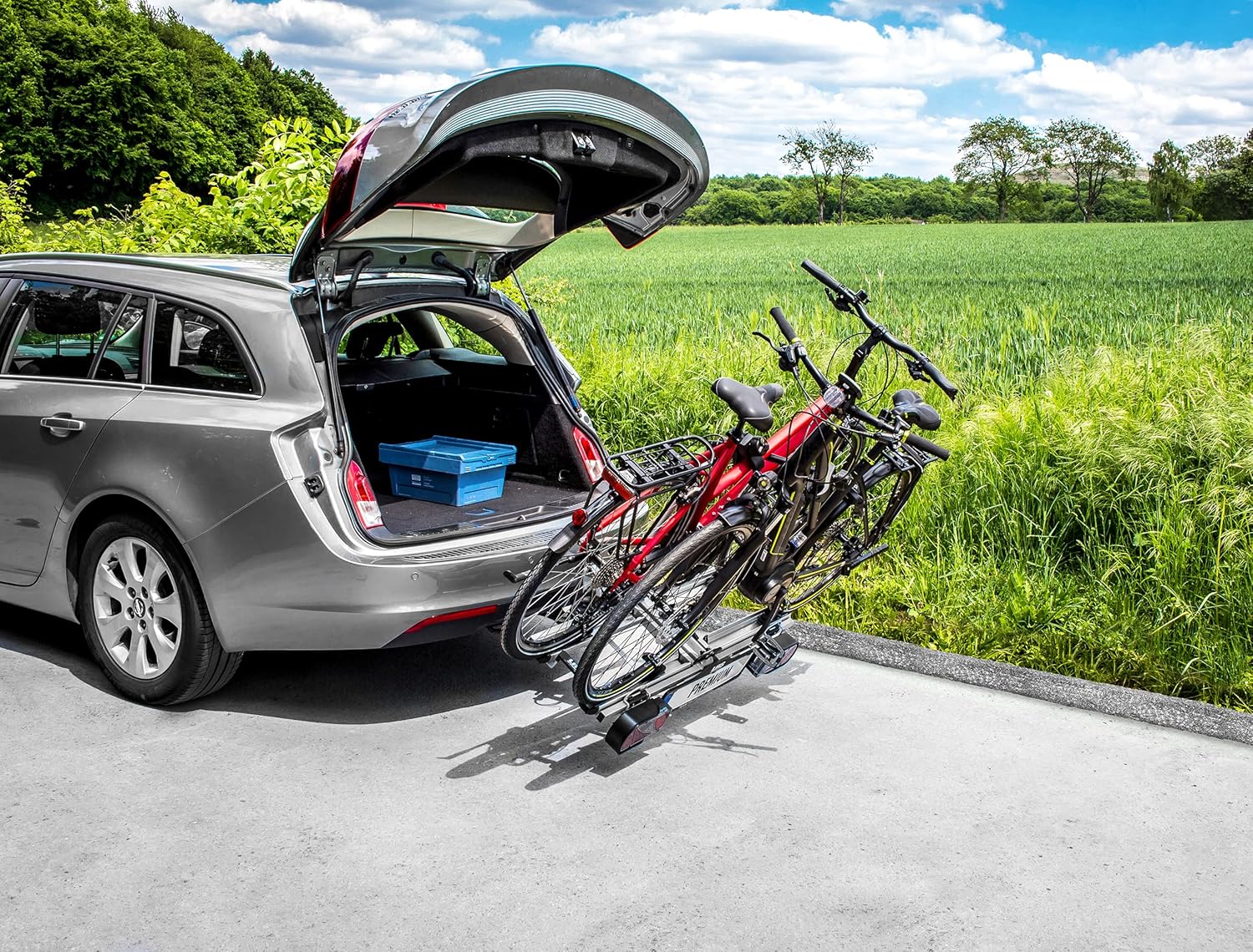 EUFAB 12010LAS Fahrradträger POKER-F, E-Bike geeignet, komplett vormontiert, Diebstahlschutz, für 2 Fahrräder, für Anhängerkupplung, Schwarz, 142 x 70 x 58 cm