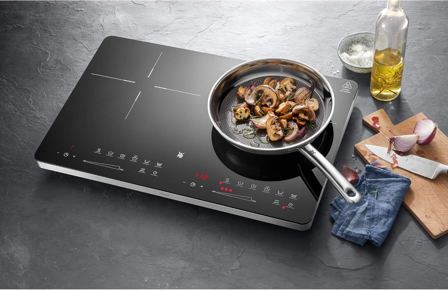 WMF Kult X Doppel- Induktionskochfeld 2 Platten, Kochplatte bis 28 cm, 2 Kochzonen, 8 Stufen, Topferkennung,Touch-Display, Glaskeramik, Timer-Funktion, 3500 W