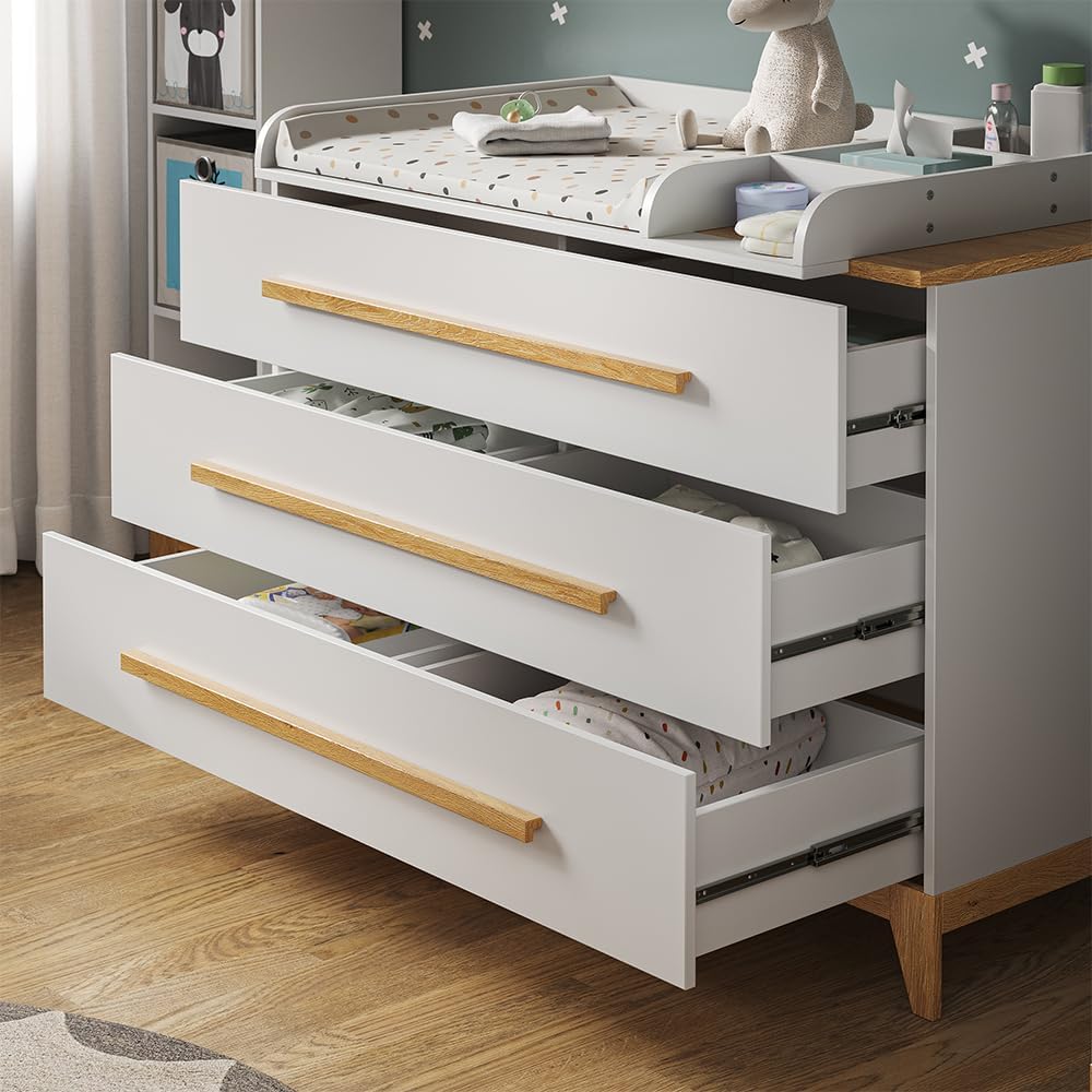 VitaliSpa Wickelkommode Malia, Weiß/Eiche, 133 x 98 cm XL mit 3 Schubladen