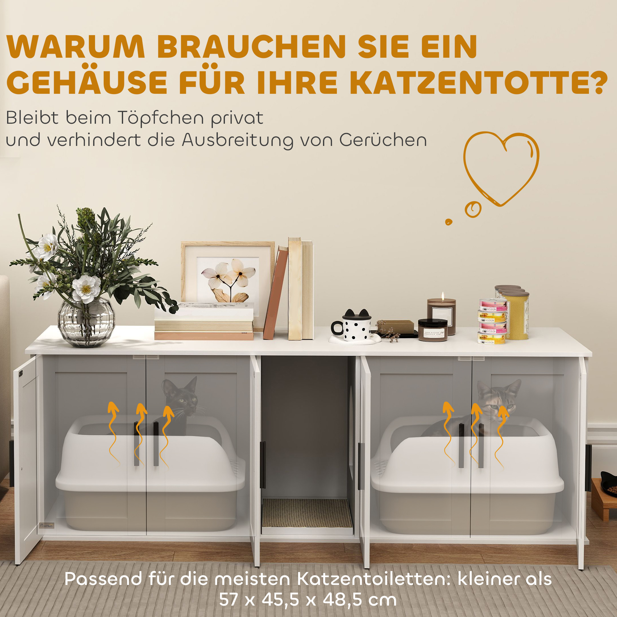 PawHut Katzenklo-Schrank Katzenhaus mit Tür Trennwand Katzentoilette für große Katzen 145 x 49 x 51 cm Weiß