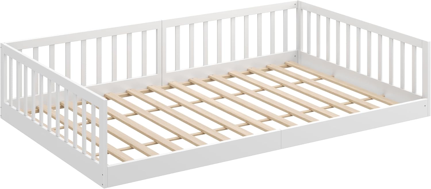 CADANI Timi 2in1 Bodenbett 140x200 cm Montessori Kinderbett mit abnehmbaren Rausfallschutz inkl. Lattenrost, Kiefer Massivholz, weiß - 3 Aufbauvarianten, bis 200 kg belastbar, umbaubar