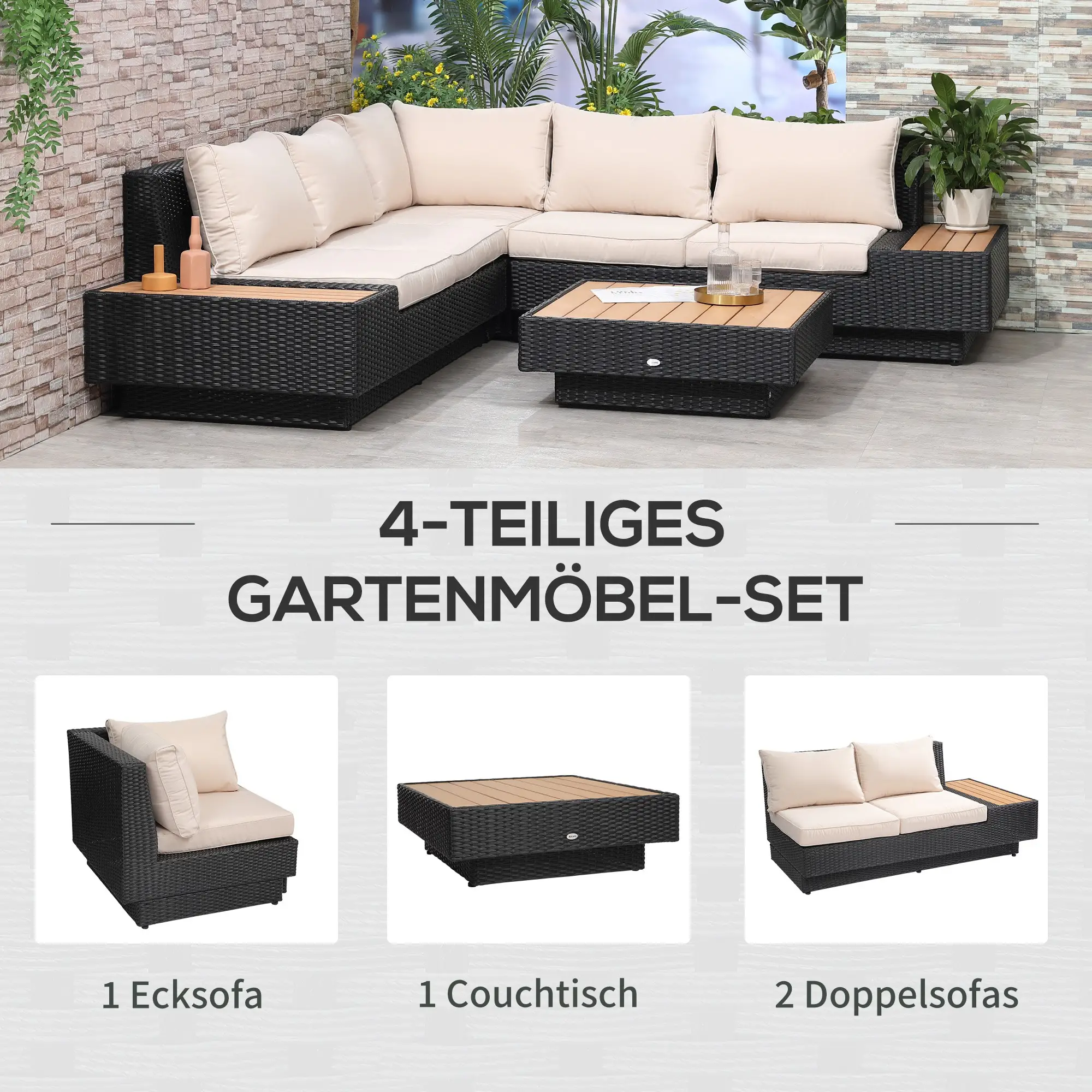 Outsunny Gartenmöbelset 4-teilig wetterfest mit Ablage Polyrattan
