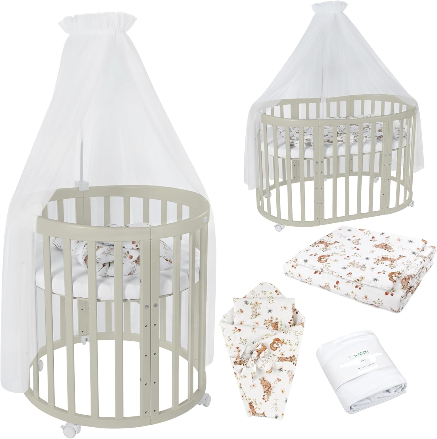 Waldin Oval Baby-Bett Mitwachsend Komplett Set 7in1, Gitterbett, Kinderbett mit Matratze, Wickelkommode, Beistellbett, Holz Weiß