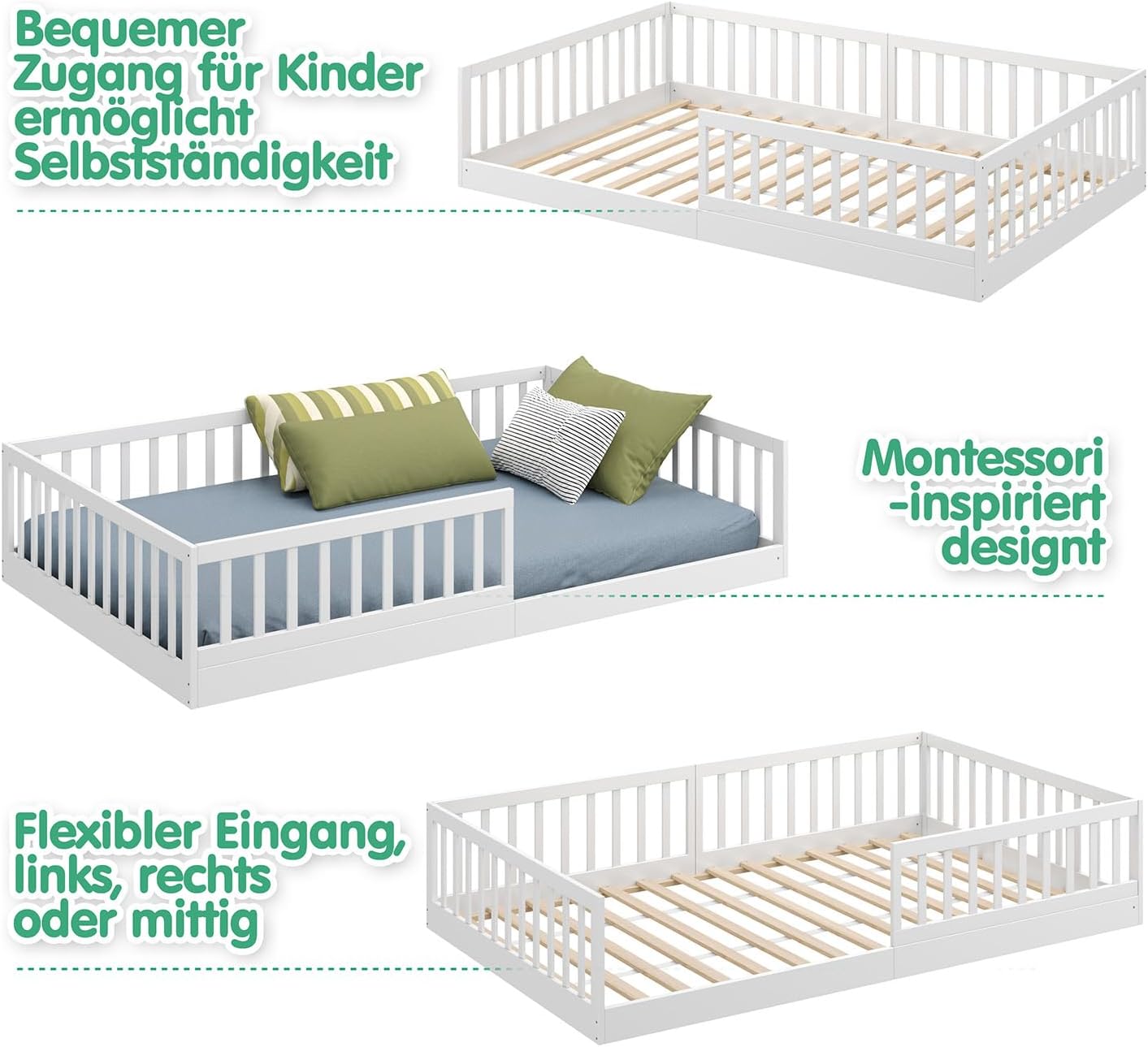 CADANI Timi 2in1 Bodenbett 140x200 cm Montessori Kinderbett mit abnehmbaren Rausfallschutz inkl. Lattenrost, Kiefer Massivholz, weiß - 3 Aufbauvarianten, bis 200 kg belastbar, umbaubar