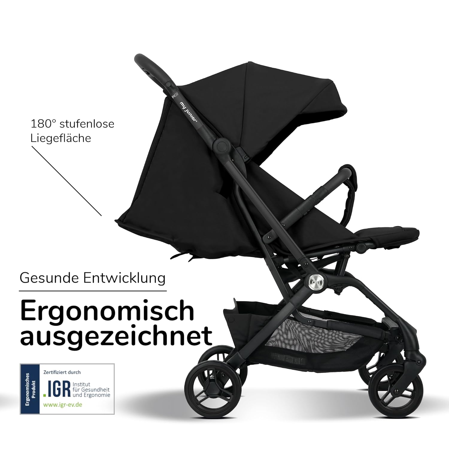 my junior Buggy PICO³ | bis 22kg | Einhand AutoFold-Klappmechanismus | Ergonomische Liegeposition nach IGR e.V. | großes Sonnenverdeck UV50+ | Handgepäckmaß | 2 Belüftungsfenster Hazel - Black
