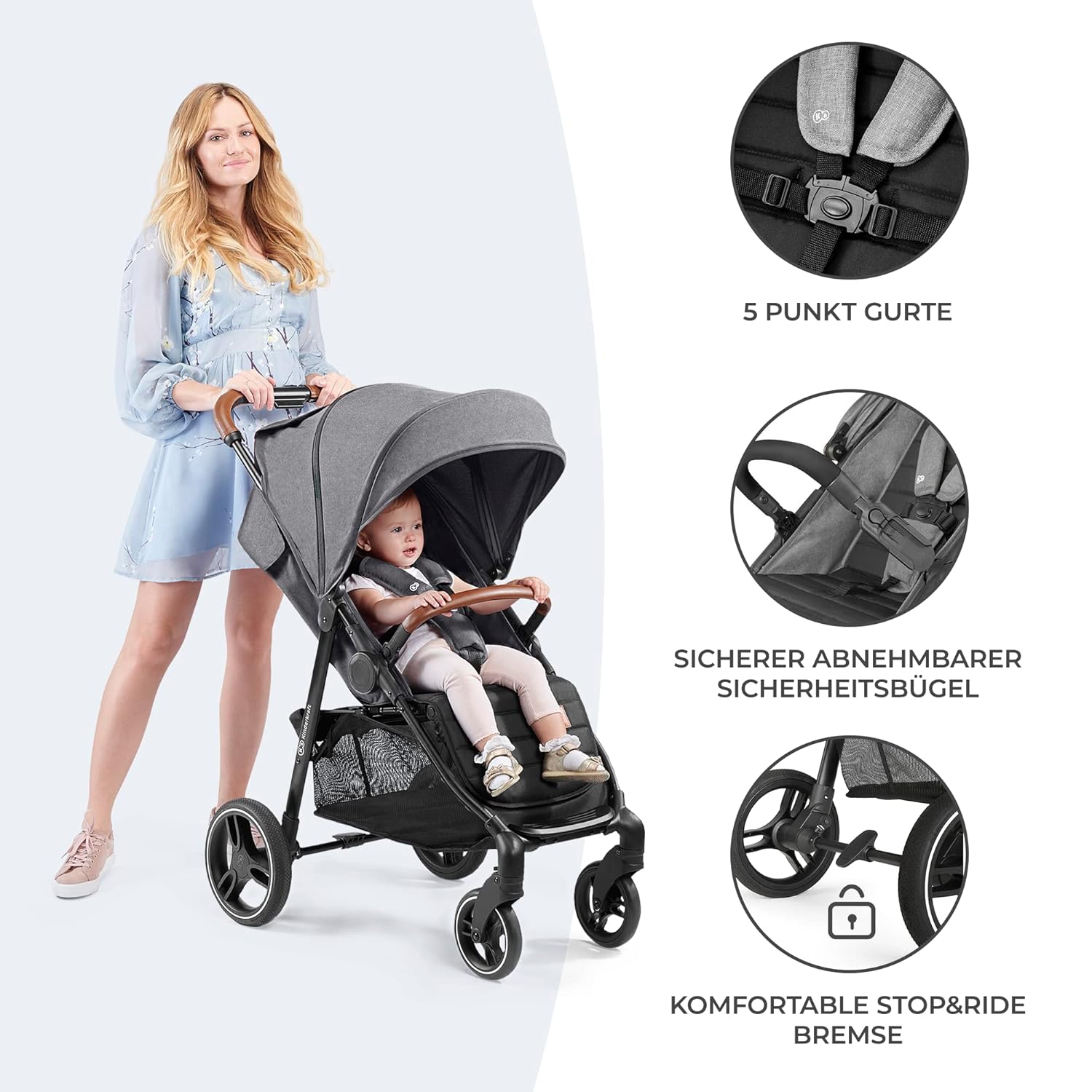Kinderkraft GRANDE PLUS Kinderkraft buggy von Geburt bis 22 kg, Zusammenklappen mit einer Hand, Liegeposition, großes Verdeck mit Fenster, alle 4 Räder gedämpft, geräumige Sitz, Grau