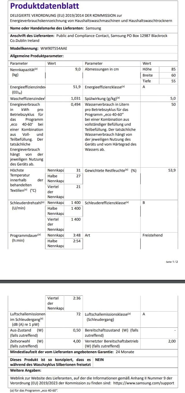 Samsung WW90T554AA Waschmaschine Frontlader 9 kg 1.400 U/Min, AddWash, Ecobubble, Hygiene Dampf, ECO5590 EEK: A