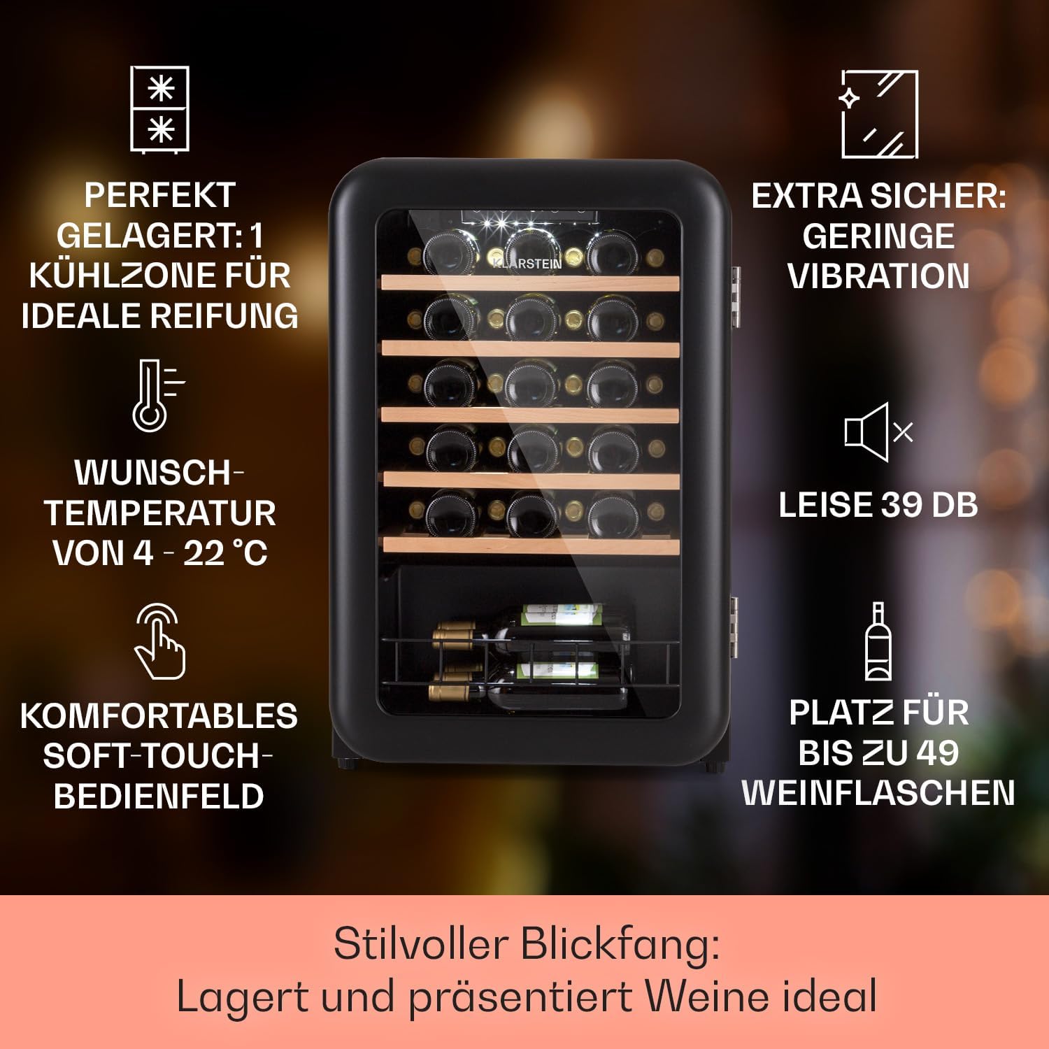 Klarstein Weinkühlschrank, Getränkekühlschrank Schmal, Kühlschrank mit Glastür, Getränkekühlschränke Freistehend, Weinkühlschrank Klein, Weinkühlschränke 1 Zone, UV-Schutz, 4-22 °C, 19 Flaschen