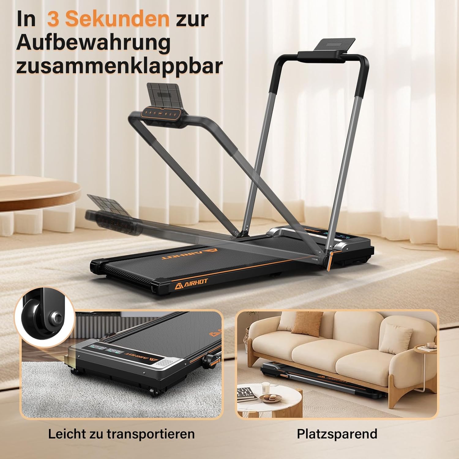 Laufband für Zuhause-AIRHOT, 2,5 PS Walking Pad, Untertisch-Laufband mit Fernbedienung und LED-Anzeige, maximale Geschwindigkeit von 6 km/h BZW. 12 km/h. Kompaktes Laufband für zuhause oder das Büro