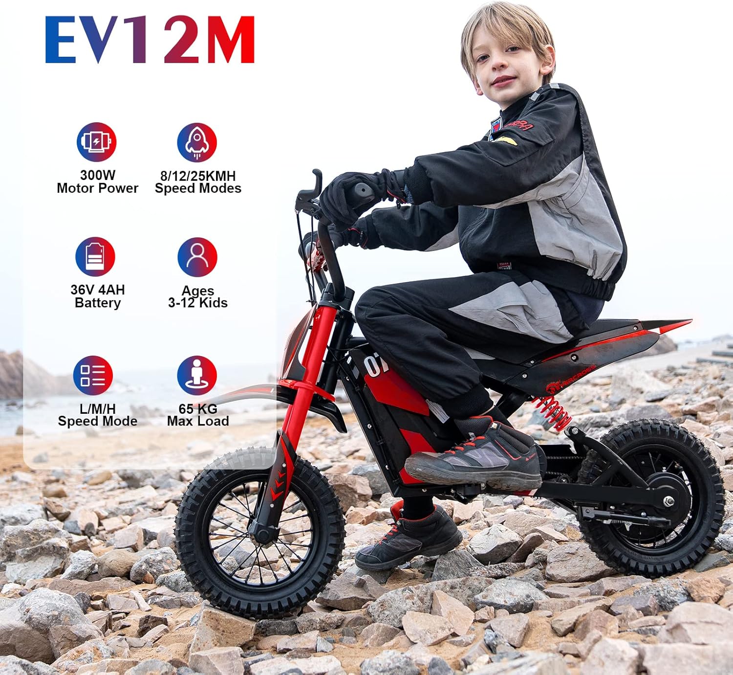 EVERCROSS EV12M Elektro Motorrad Kinder, Elektromotorrad mit 300W Motor, 8/12/25 KMH Geschwindigkeitsmodus, 15KM Lange Reichweite, 12 Zoll Luftreifen, Moto Cross für Kinder von 3–12 Jahren