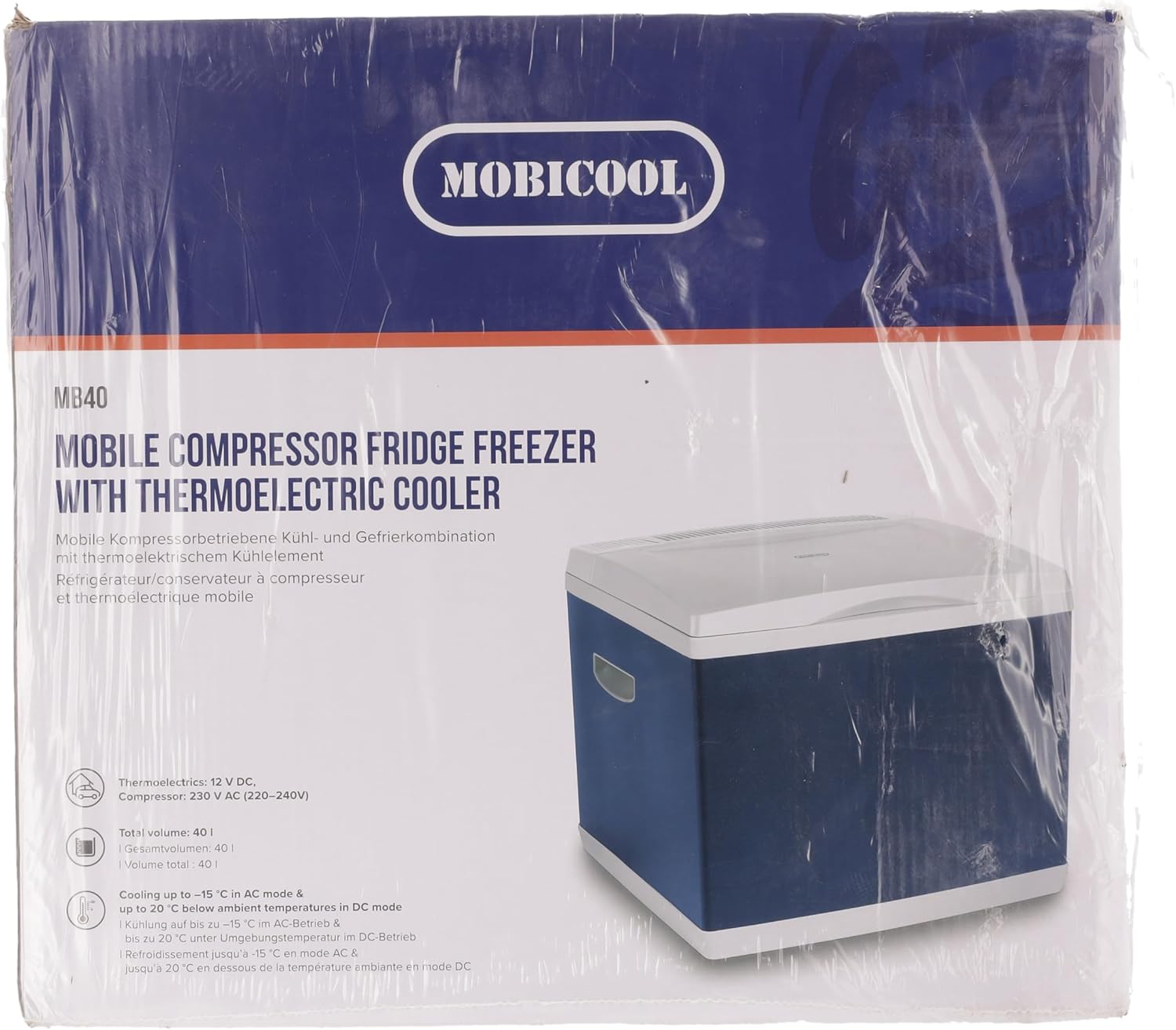 Mobicool MB40, Hybrid, tragbare Kompressor- thermoelektrische-Kühlbox/Gefrierbox, 38 Liter, 12 V und 230 V für Auto, Lkw, Steckdose, Blau