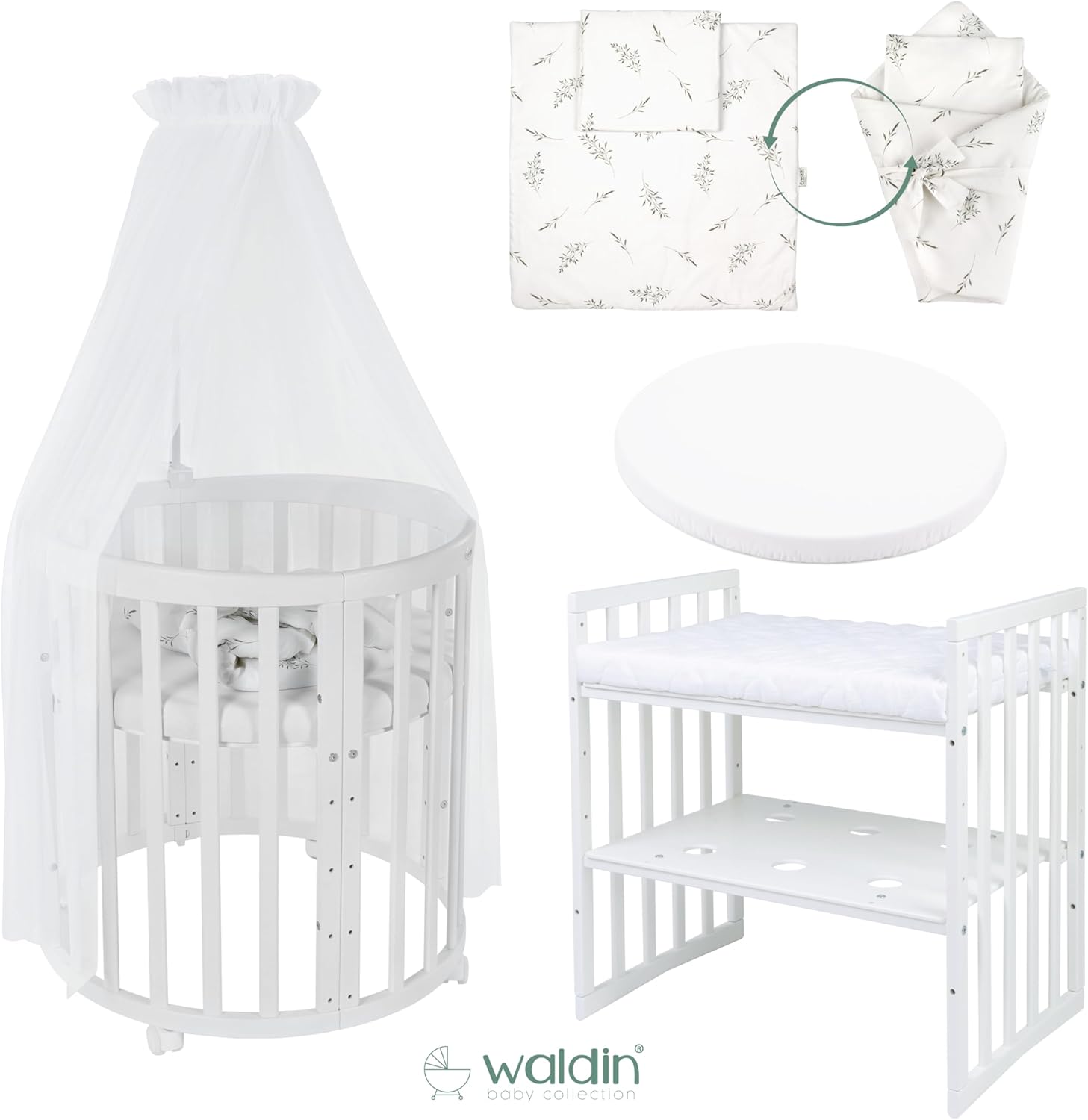 Waldin Oval Baby-Bett Mitwachsend Komplett Set 7in1, Gitterbett, Kinderbett mit Matratze, Wickelkommode, Beistellbett, Holz Weiß