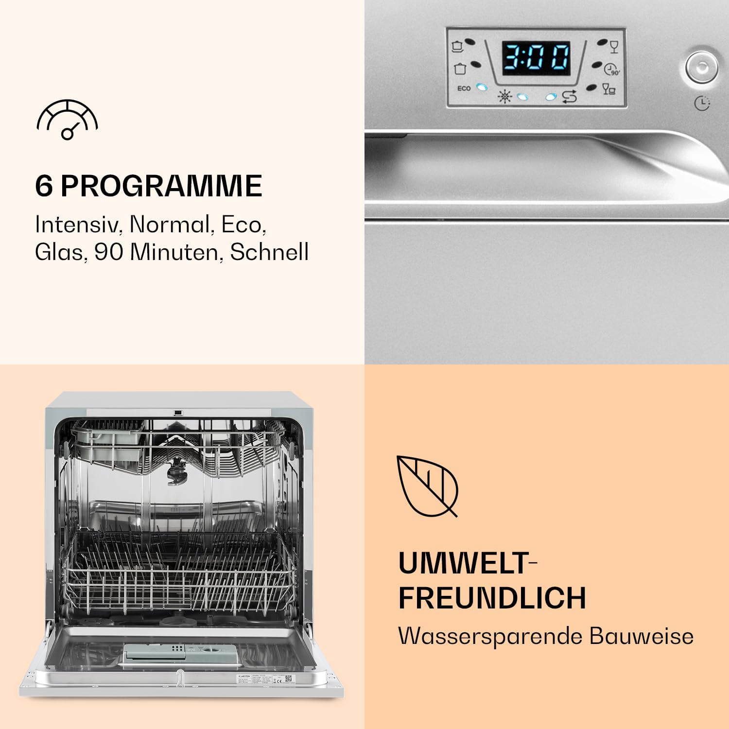 Klarstein ia 8 - Spülmaschine, Geschirrspüler, Freistehend, Teilintegriert, F, 55 cm breit, 8 Maßgedecke, 6 Programme, Aquastop, silber